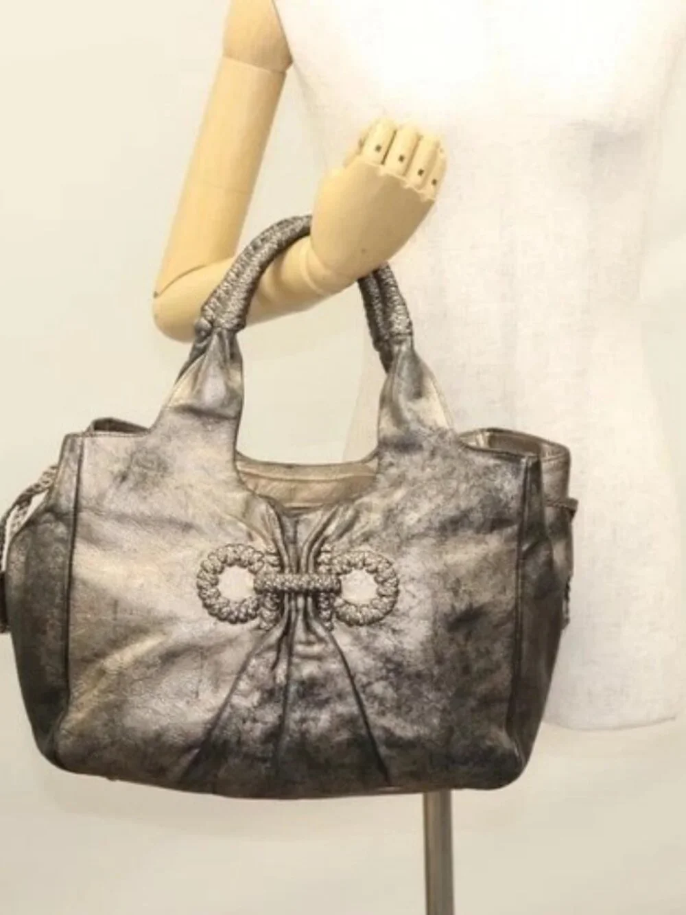 Salvatore Ferragamo Tote Bag Leather Beige Gold Auth BA1343